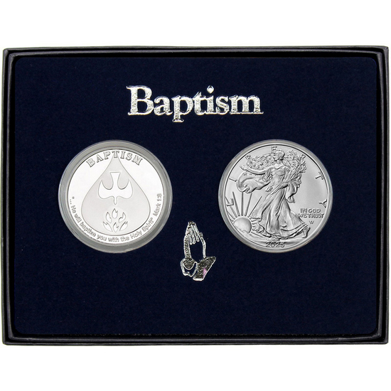 Baptism Silver Medallion and Silver American Eagle 2pc Gift Set