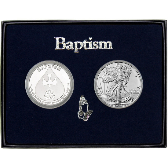Baptism Silver Round and Silver American Eagle 2pc Gift Set