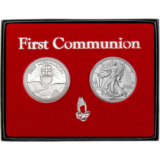 First Communion Silver Medallion and Silver American Eagle 2pc Gift Set