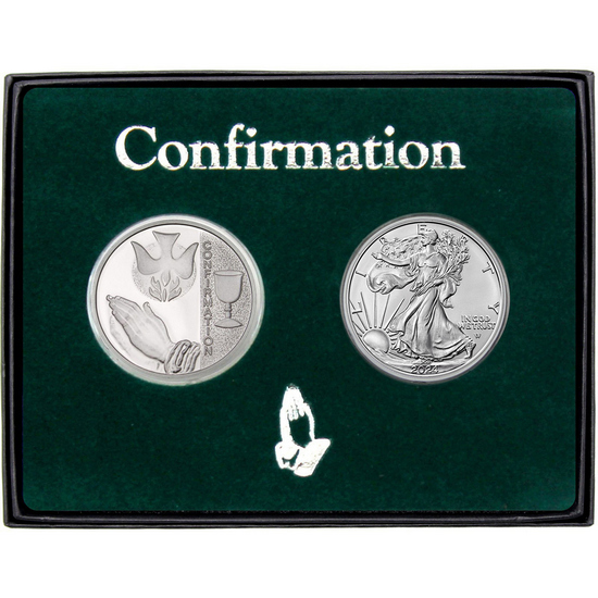 Confirmation Silver Medallion and Silver American Eagle 2pc Gift Set