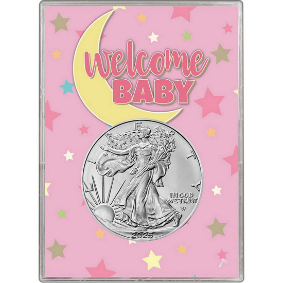 2024 Silver American Eagle BU in Pink Welcome Baby Gift Holder