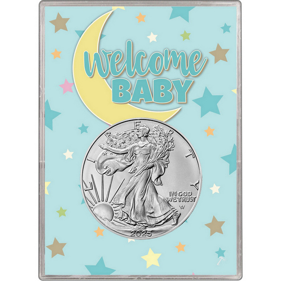 2024 Silver American Eagle BU in Blue Welcome Baby Gift Holder