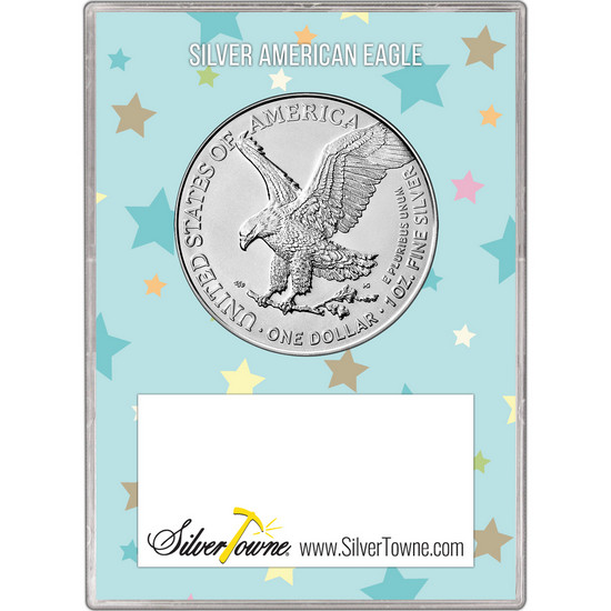 2025 Silver American Eagle BU in Blue Welcome Baby Gift Holder 2025 Silver American Eagle BU in Blue Welcome Baby Gift Holder