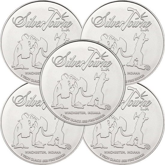 SilverTowne Prospector Waffleback Trademark Logo 1oz .999 Silver Medallion 5pc