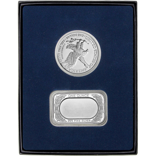 American Flag Silver Bar and Silver American Eagle 2pc Gift Set American Flag Silver Bar and Silver American Eagle 2pc Gift Set