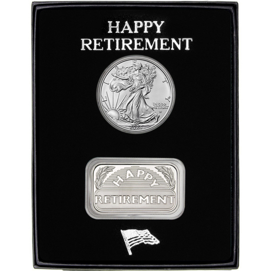 Retirement Year Happy Retirement Silver Bar and Silver American Eagle 2pc Gift Set