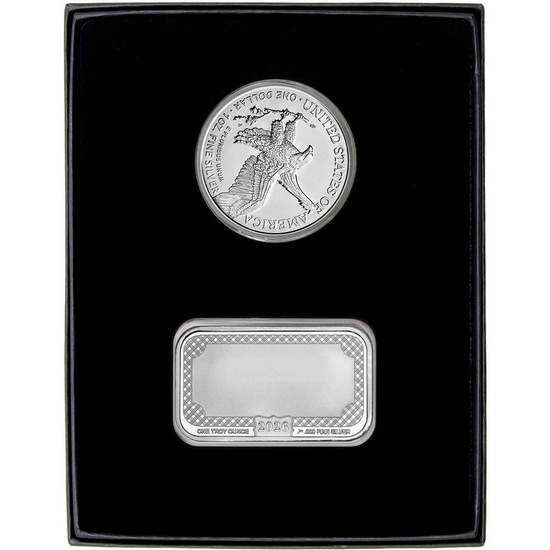 Retirement Year Happy Retirement Silver Bar and Silver American Eagle 2pc Gift Set Retirement Year Happy Retirement Silver Bar and Silver American Eagle 2pc Gift Set