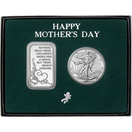 Happy Mother's Day Forever Hearts Silver Bar and Silver American Eagle 2pc Gift Set