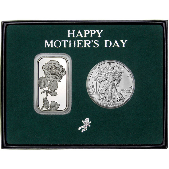 Happy Mother's Day Rose Silver Bar and Silver American Eagle 2pc Gift Set