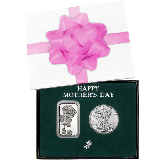 Happy Mother's Day Rose Silver Bar and Silver American Eagle 2pc Gift Set