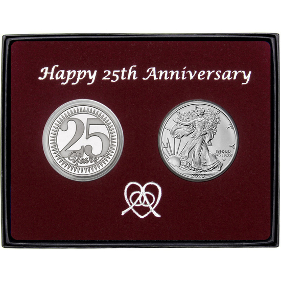 25th Anniversary Year Silver Medallion and Silver American Eagle 2pc Gift Set