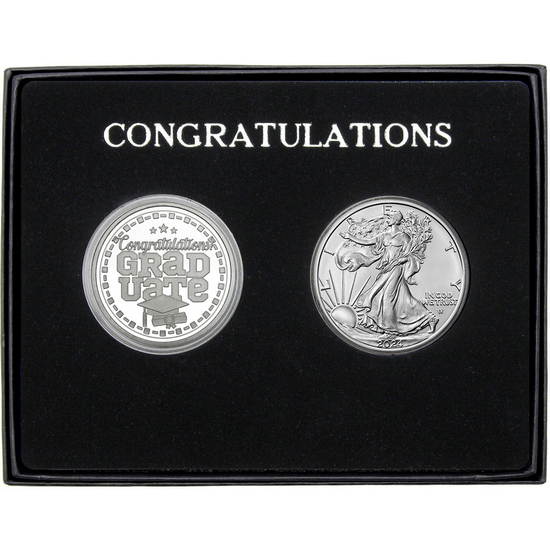 Congratulations Graduation 2023 Silver Medallion and Silver American Eagle 2pc Gift Set