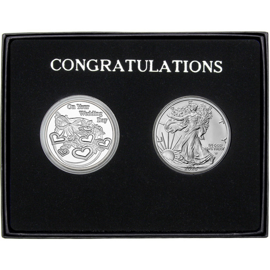 Congratulations Wedding Day Silver Medallion and Silver American Eagle 2pc Gift Set