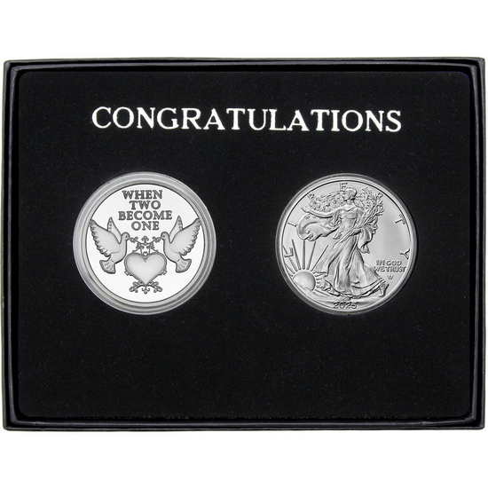 Wedding Doves Silver Medallion and Silver American Eagle 2pc Gift Set