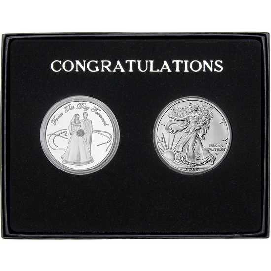 Wedding Couple Silver Medallion and Silver American Eagle 2pc Gift Set