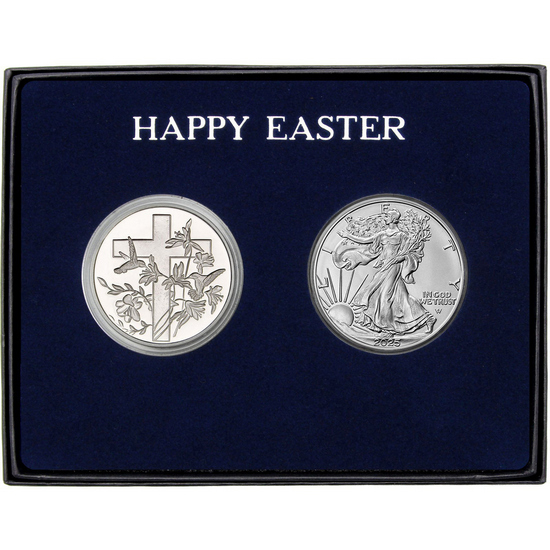 Happy Easter Religious Cross Silver Medallion and Silver American Eagle 2pc Gift Set