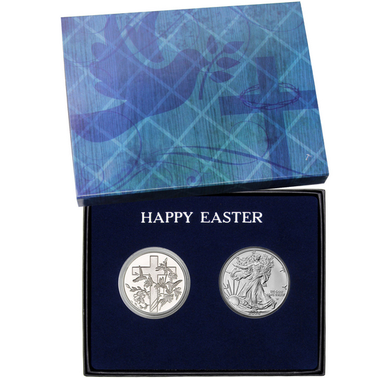 Happy Easter Religious Cross Silver Round and Silver American Eagle 2pc Gift Set Happy Easter Religious Cross Silver Round and Silver American Eagle 2pc Gift Set