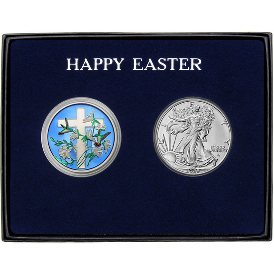 Happy Easter Religious Cross Enameled Silver Medallion and Silver American Eagle 2pc Gift Set