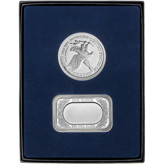 Enameled Blue Line American Flag Silver Bar and Silver American Eagle 2pc Gift Set Enameled Blue Line American Flag Silver Bar and Silver American Eagle 2pc Gift Set