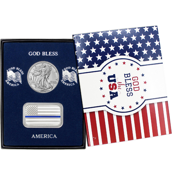 Enameled Blue Line American Flag Silver Bar and Silver American Eagle 2pc Gift Set Enameled Blue Line American Flag Silver Bar and Silver American Eagle 2pc Gift Set