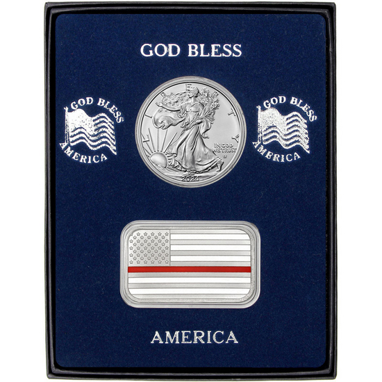 Enameled Red Line American Flag Silver Bar and Silver American Eagle 2pc Gift Set