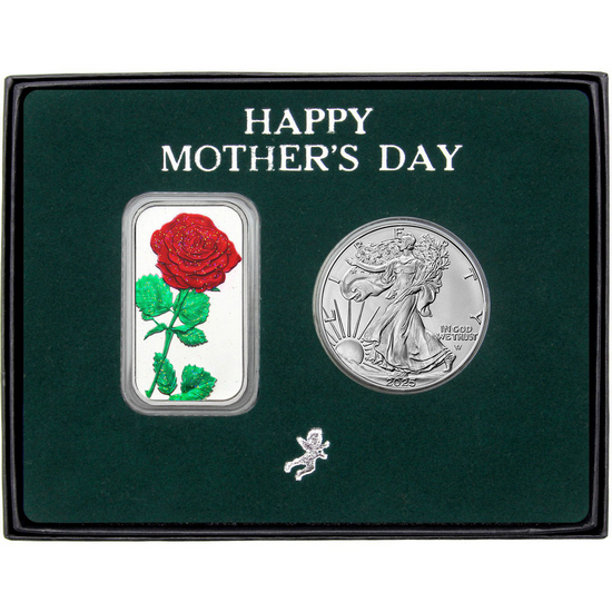 Happy Mother's Day Enameled Red Rose Silver Bar and Silver American Eagle 2pc Gift Set