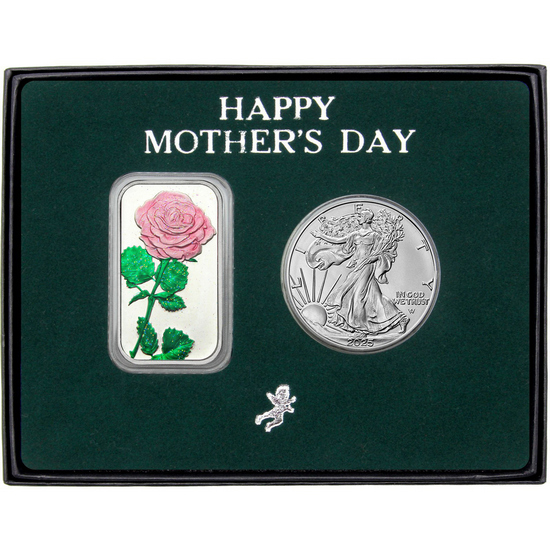 Happy Mother's Day Enameled Pink Rose Silver Bar and Silver American Eagle 2pc Gift Set