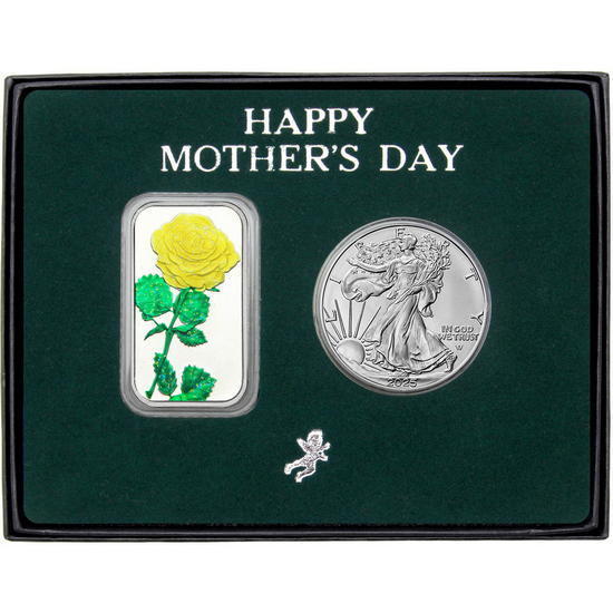 Happy Mother's Day Enameled Yellow Rose Silver Bar and Silver American Eagle 2pc Gift Set