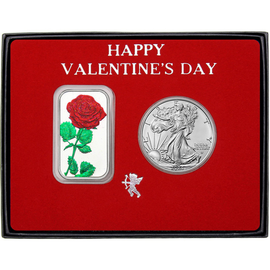 Valentine Enameled Red Rose Silver Bar and Silver American Eagle 2pc Gift Set