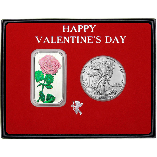 Valentine Enameled Pink Rose Silver Bar and Silver American Eagle 2 Piece Gift Set in Gift Packaging
