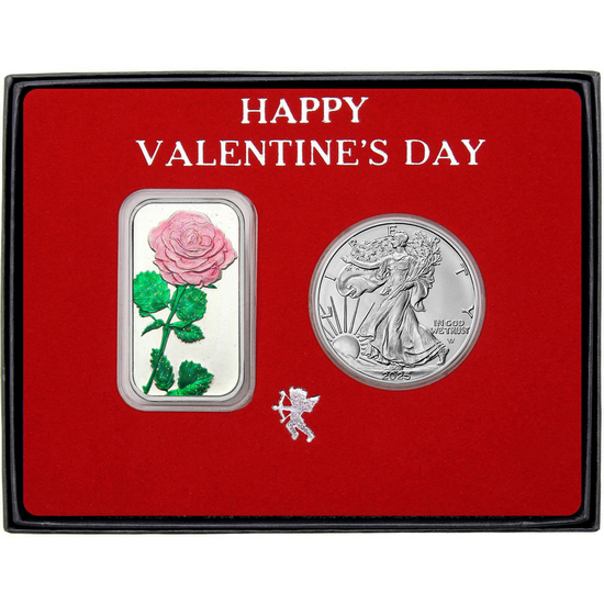 Valentine Enameled Pink Rose Silver Bar and Silver American Eagle 2 Piece Gift Set in Gift Packaging