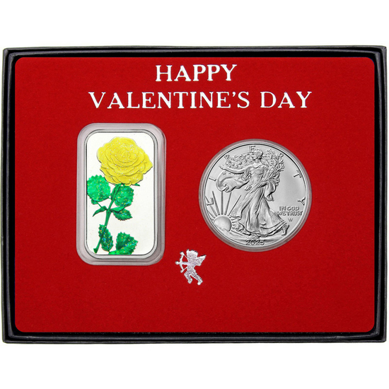 Valentine Enameled Yellow Rose Silver Bar and Silver American Eagle 2pc Gift Set