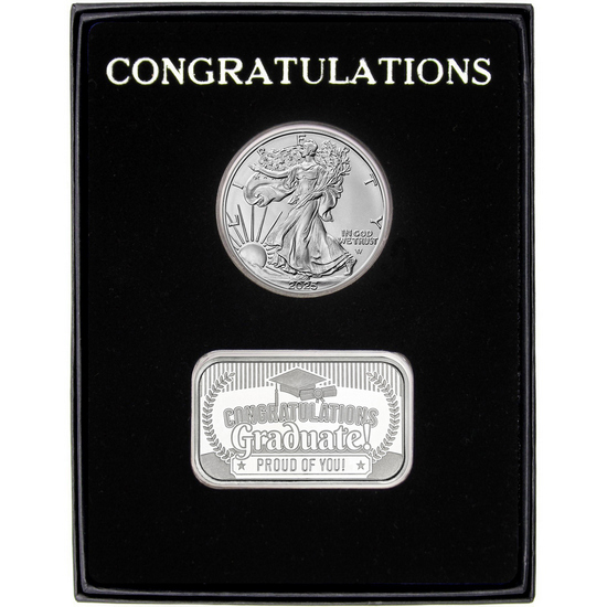 Congratulations Graduation Year 2024 Silver Bar and Silver American Eagle 2pc Gift Set