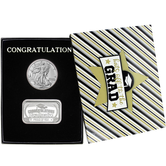 Congratulations Graduation Year 2021 Silver Bar and Silver American Eagle 2pc Gift Set