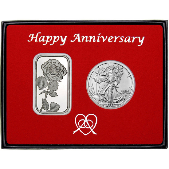 Happy Anniversary Single Rose Silver Bar and Silver American Eagle 2pc Gift Set