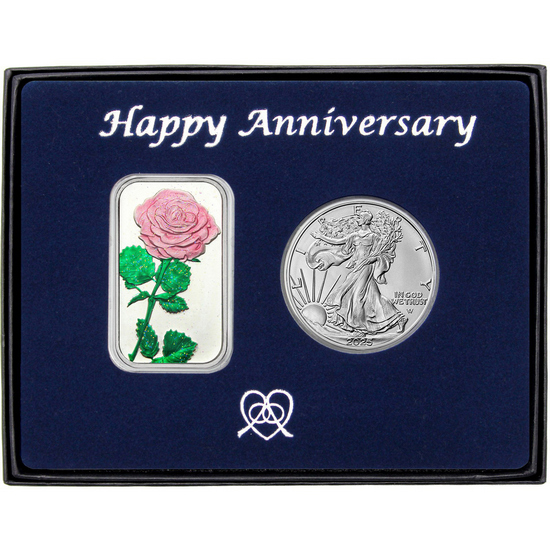 Happy Anniversary Pink Rose Enameled Silver Bar and Silver American Eagle 2pc Gift Set