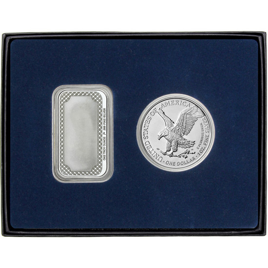 Happy Anniversary Pink Rose Enameled Silver Bar and Silver American Eagle 2pc Gift Set