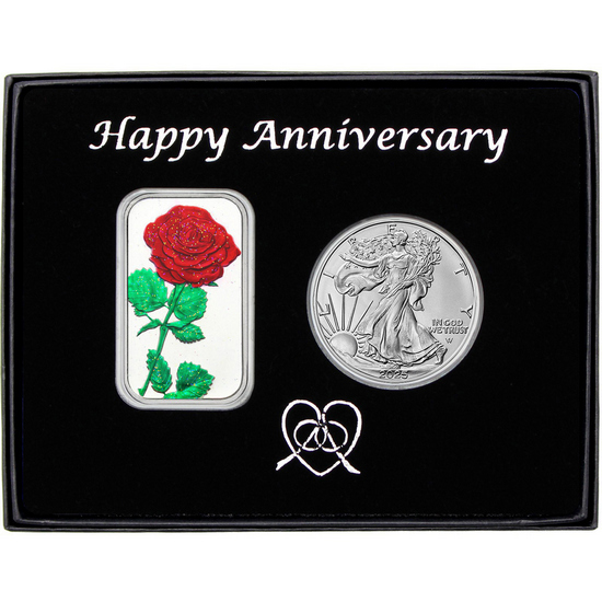 Happy Anniversary Red Rose Enameled Silver Bar and Silver American Eagle 2pc Gift Set