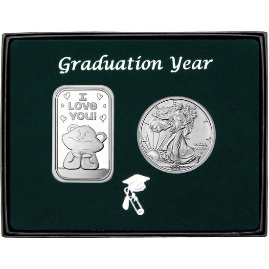 Graduation Year I Love You Bear Silver Bar and Silver American Eagle 2pc Gift Set