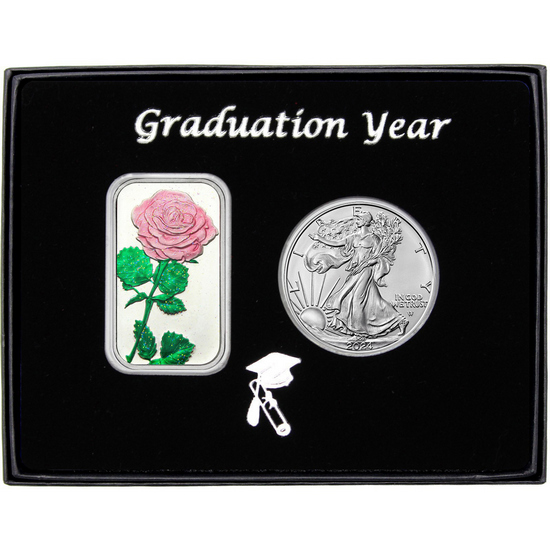 Graduation Year Pink Rose Enameled Silver Bar and Silver American Eagle 2pc Gift Set