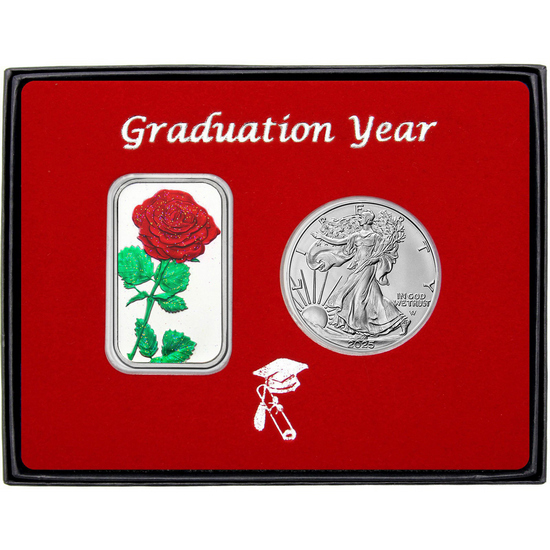 Graduation Year Red Rose Enameled Silver Bar and Silver American Eagle 2pc Gift Set