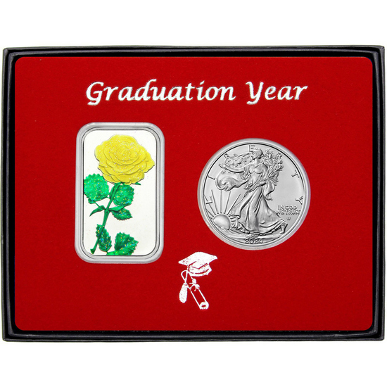 Graduation Year Yellow Rose Enameled Silver Bar and Silver American Eagle 2pc Gift Set
