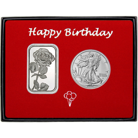 Happy Birthday Single Rose Silver Bar and Silver American Eagle 2pc Gift Set