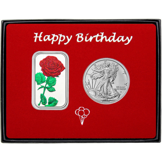 Happy Birthday Red Rose Enameled Silver Bar and Silver American Eagle 2pc Gift Set