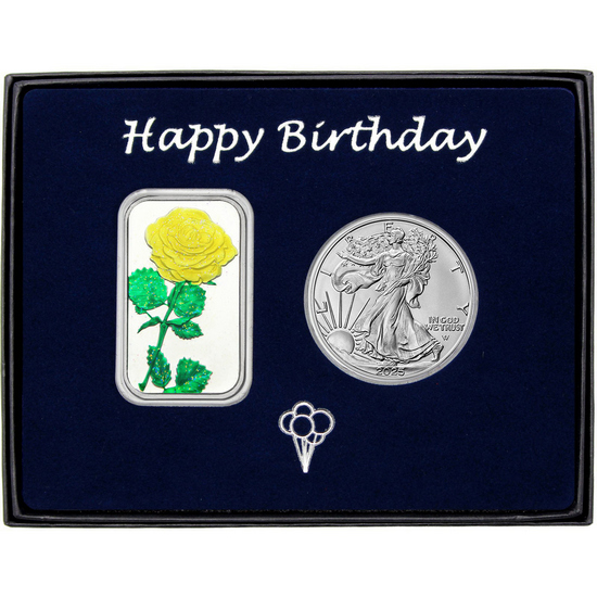 Happy Birthday Yellow Rose Enameled Silver Bar and Silver American Eagle 2pc Gift Set