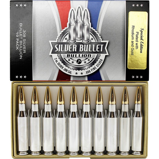 2oz Silver Bullet .308 Caliber Replica Gold & Rhodium Plated 10 Pack SilverTowne Mint