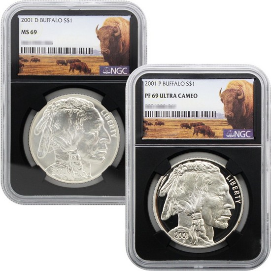 2001 P & D American Buffalo Silver Dollar Certified 69 NGC Black Core Buffalo Label Set