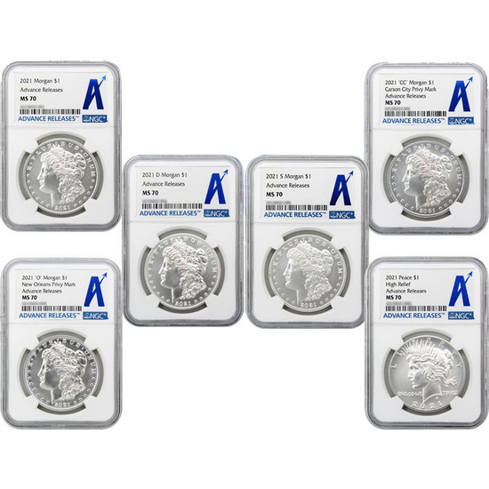 2021 Morgan & Peace Silver Dollar 6 Coin Set NGC MS70 Advance Releases