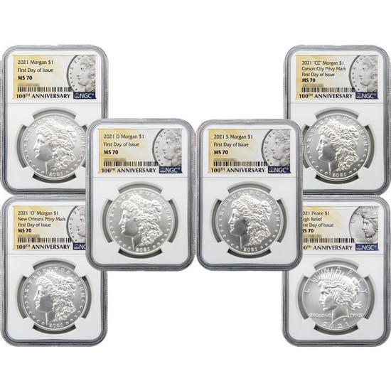 2021 Morgan & Peace Silver Dollar 6 Coin Set NGC MS70 First Day Issue Centennial Label