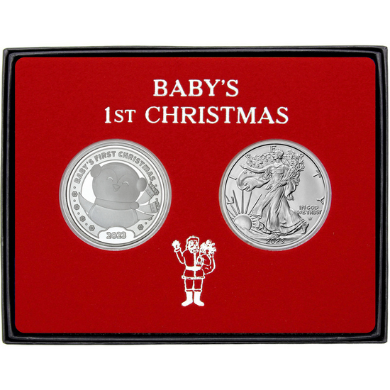 Baby's First Christmas Silver Bar and Silver American Eagle 2pc Box Gift Set
